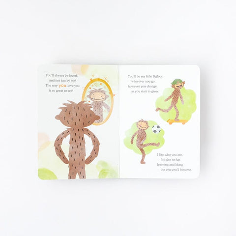 Open board book from the Self-Esteem Bigfoot Kin Set showing illustrations and positive affirmations.