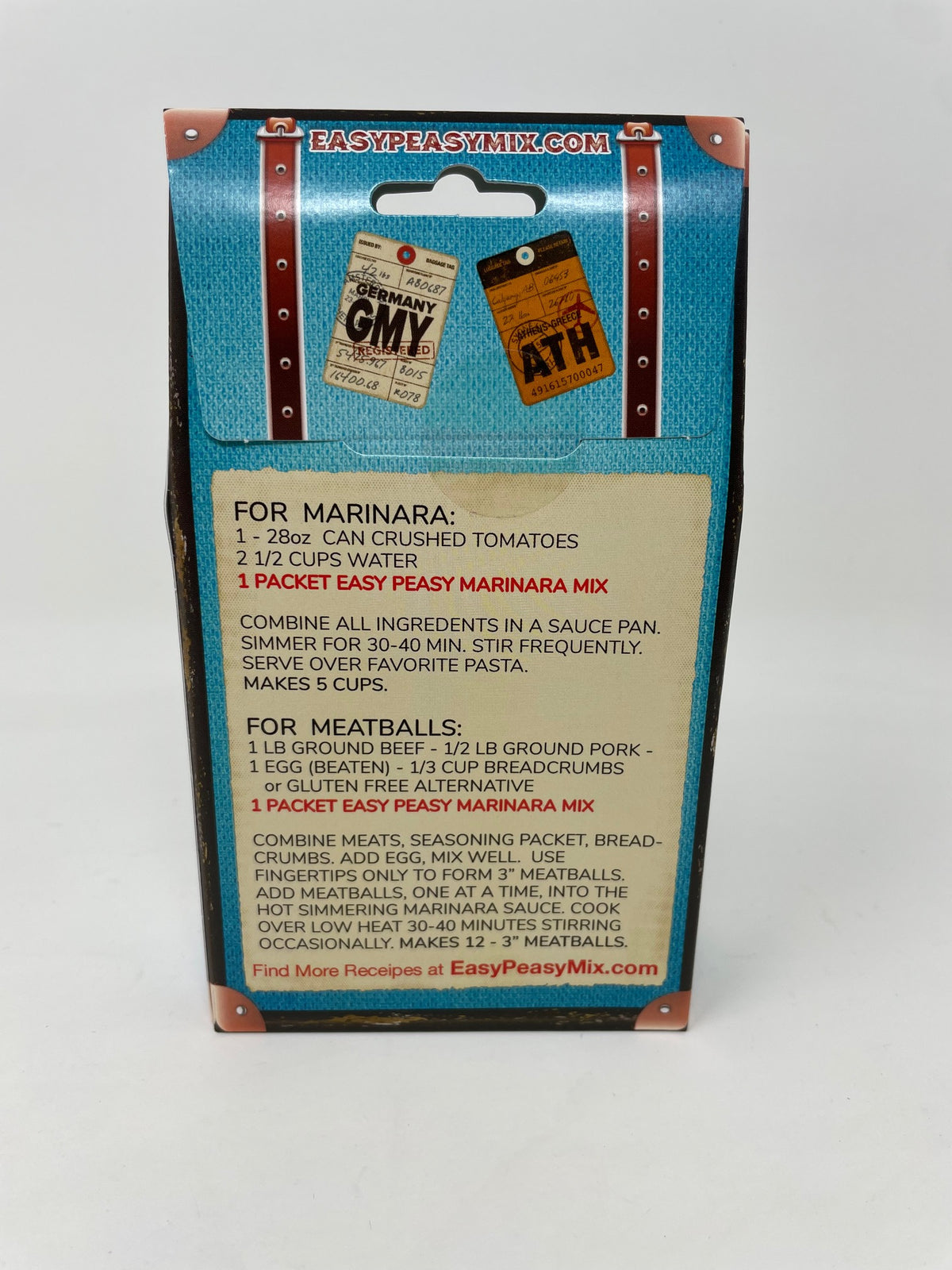 Back of Easy Peasy Marinara & Meatball Mix box showing cooking instructions and ingredients.