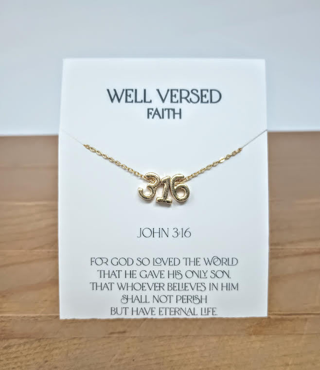 Gold plate necklace with verse numbers on a 15-inch chain featuring a 2-inch extender.