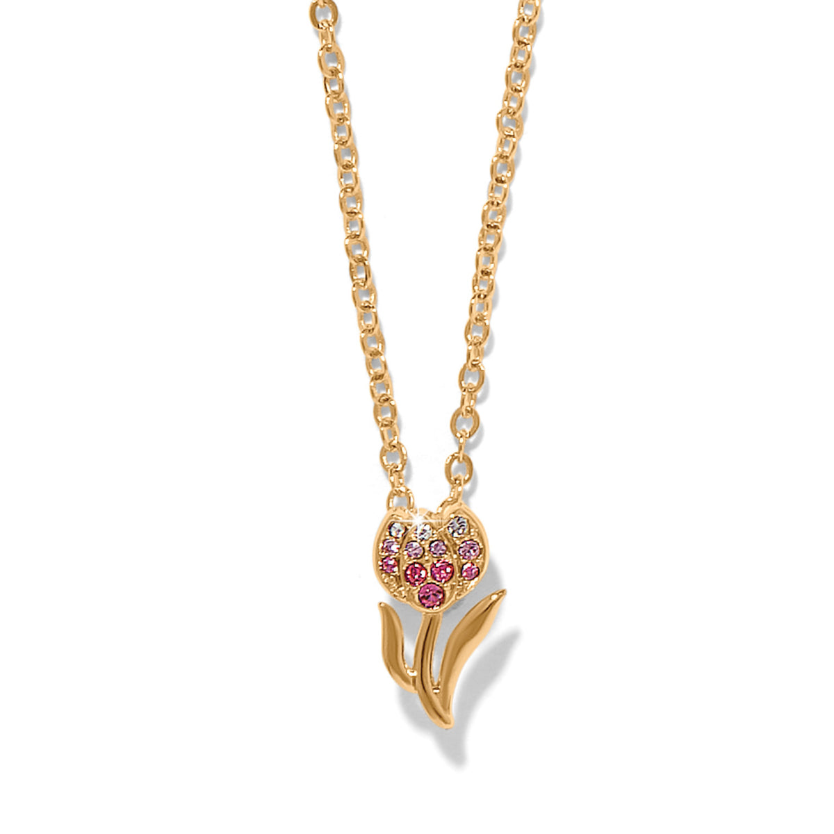 Gold plated necklace with adjustable chain featuring a tulip pendant made of fine quality crystals.