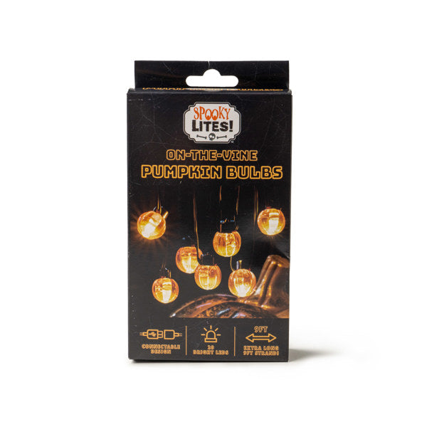 Spooky Lites On-The-Vine Pumpkin Bulbs box with 20 bright LEDs on a 9ft connectable strand.