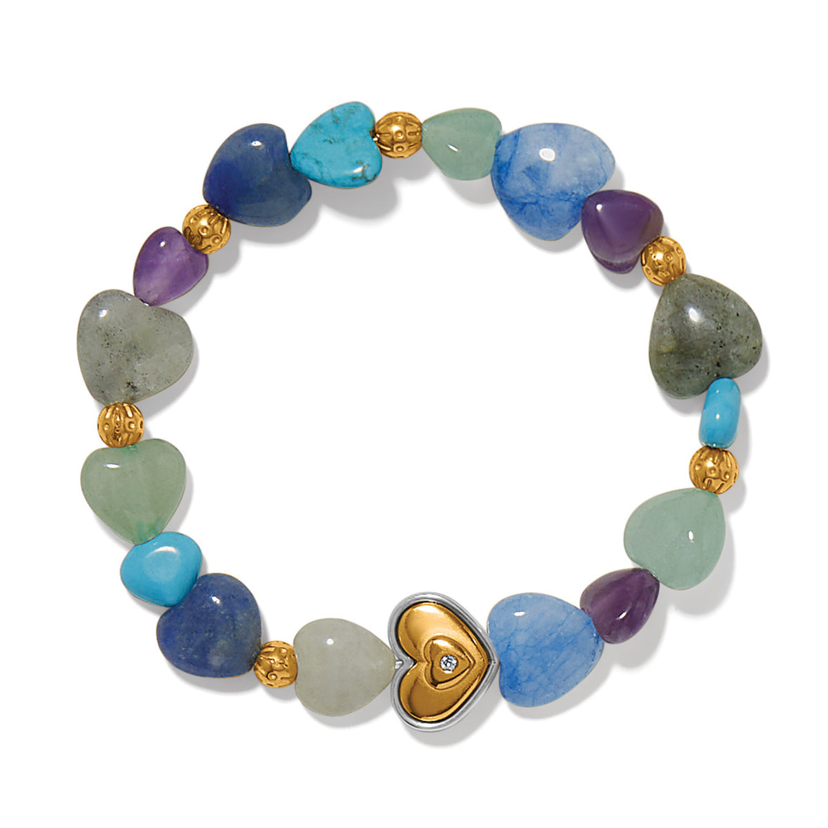 One Heart stretch bracelet with multi-colored heart-shaped gemstone beads and gold accents.