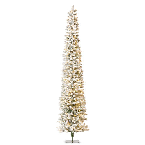 Nine-foot PVC snowy alpine tree with warm white LED lights in hinged sections.