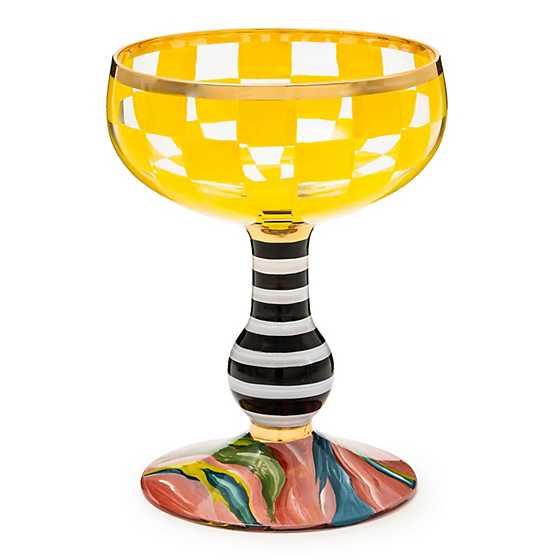 Hand-blown Carnival Coupe glass with colorful swirls in a classic martini silhouette.