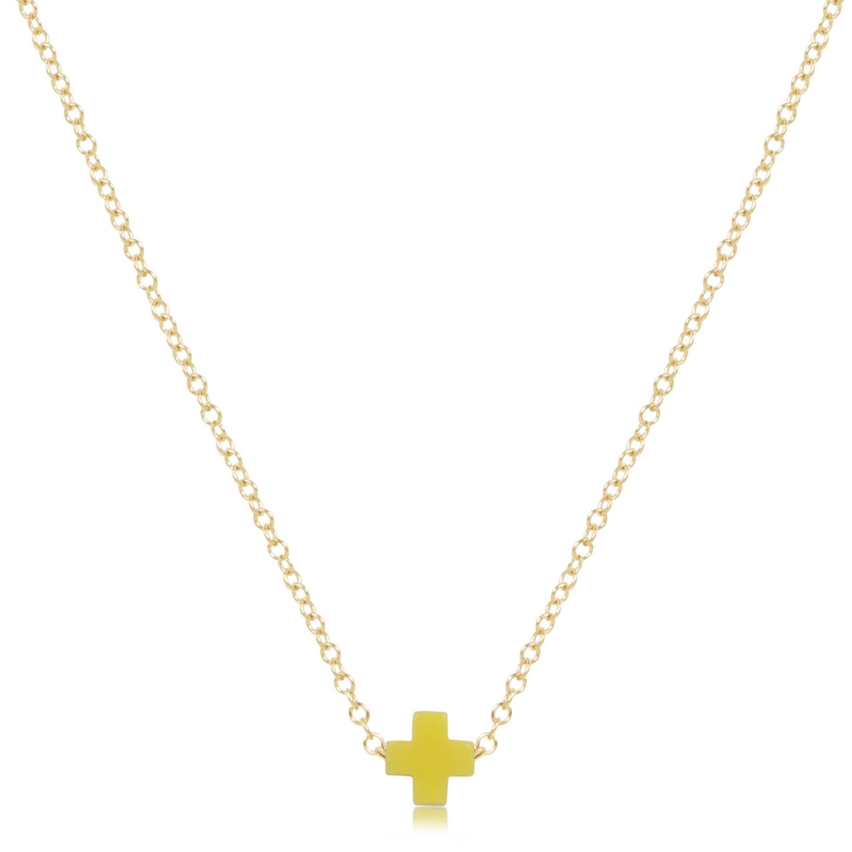 A gold-filled 16-inch chain necklace featuring a small signature cross pendant.
