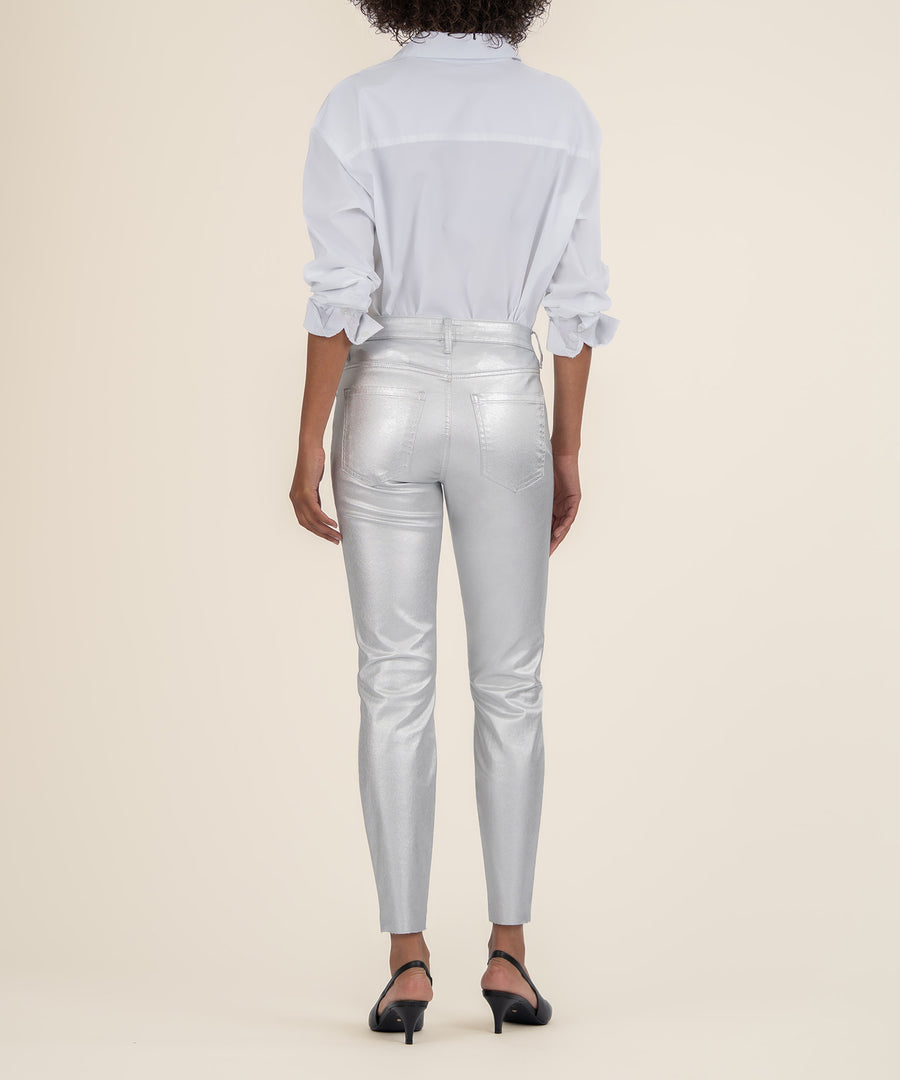 Charlize metallic coated high rise cigarette leg pants in cotton-spandex blend