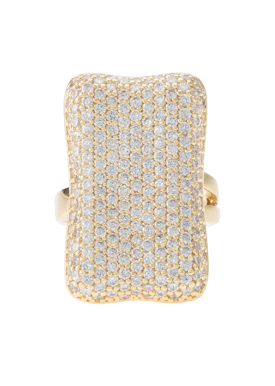 Gold rectangular adjustable ring with a motif CZ stone finish.