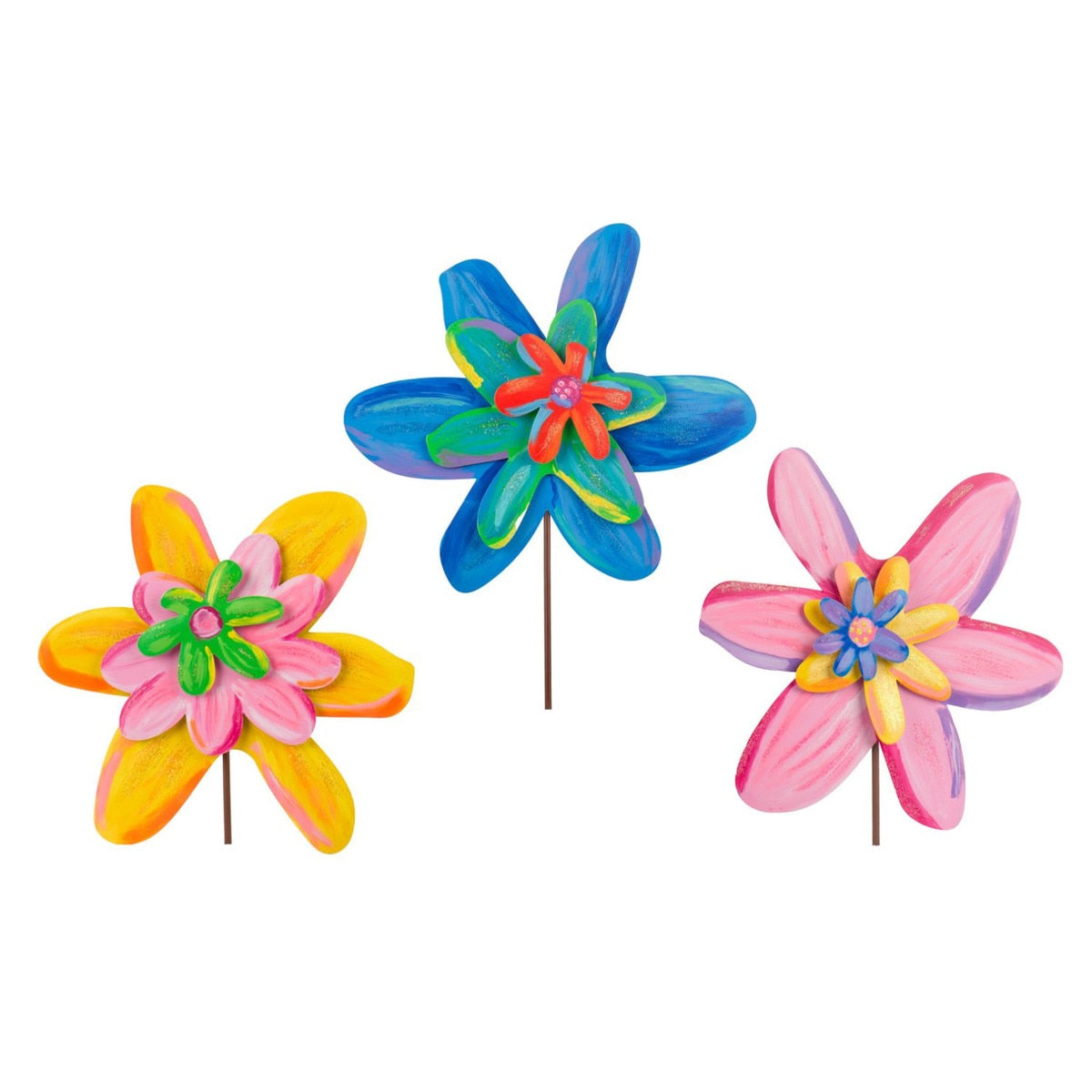 Three colorful, layered flower garden stakes in blue, pink, and yellow, with decorative centers.