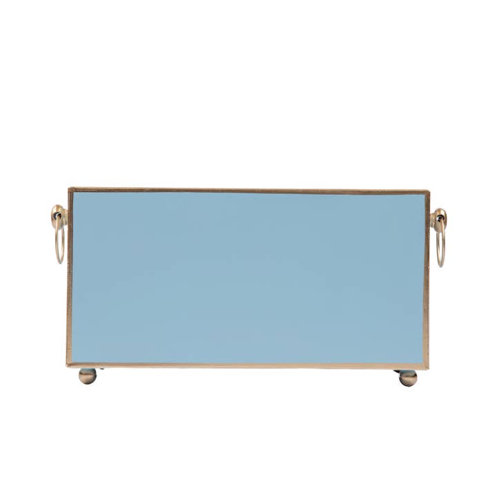 Mattie Rectangular Cachepot Planter in light blue with gold trim, ring handles, and ball feet.