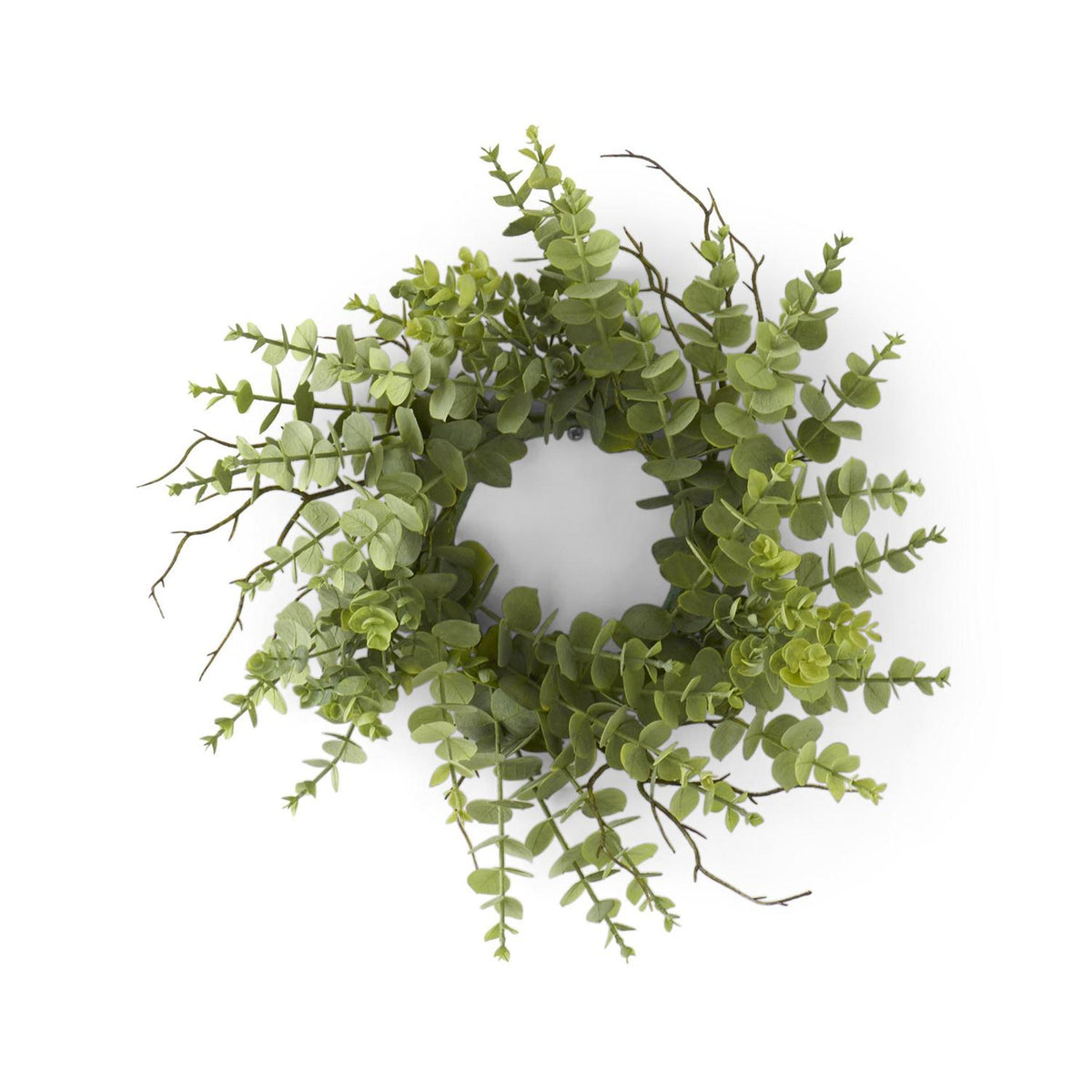 Sixteen-inch eucalyptus leaf candle ring with twig accents on a plastic and iron wire base.