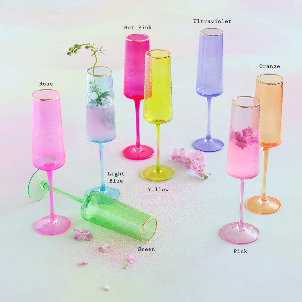 Hand-blown rainbow champagne flute with gilded gold rim