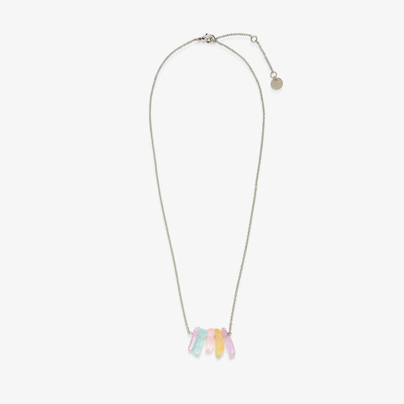 Silver chain necklace with five pastel quartz chips on a brass base.