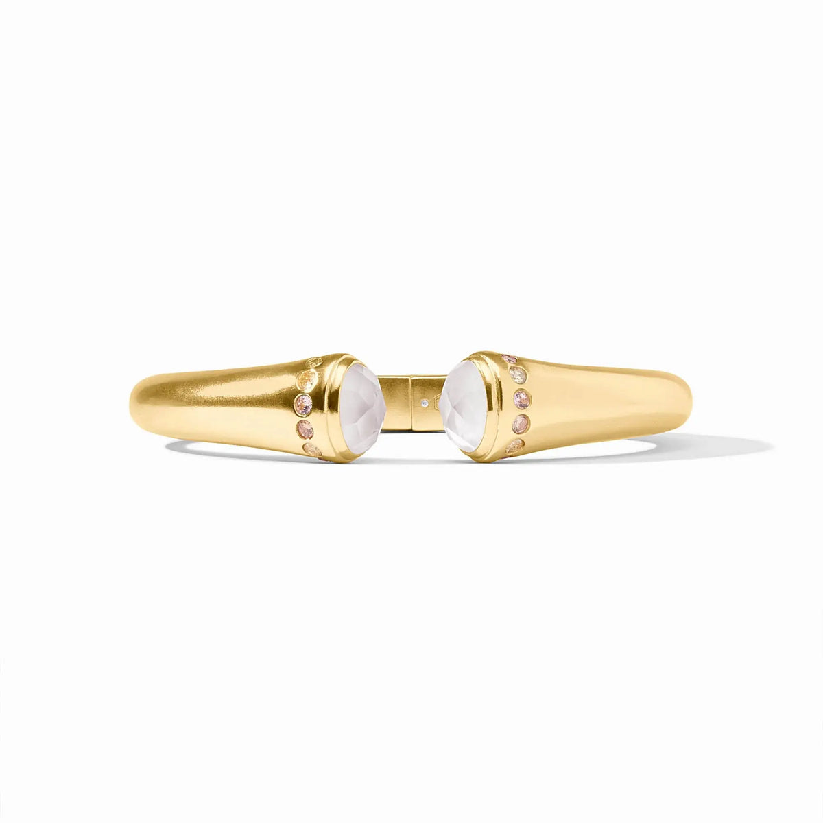 Rainbow demi cuff bracelet with iridescent clear crystal stones on a gold-plated band.