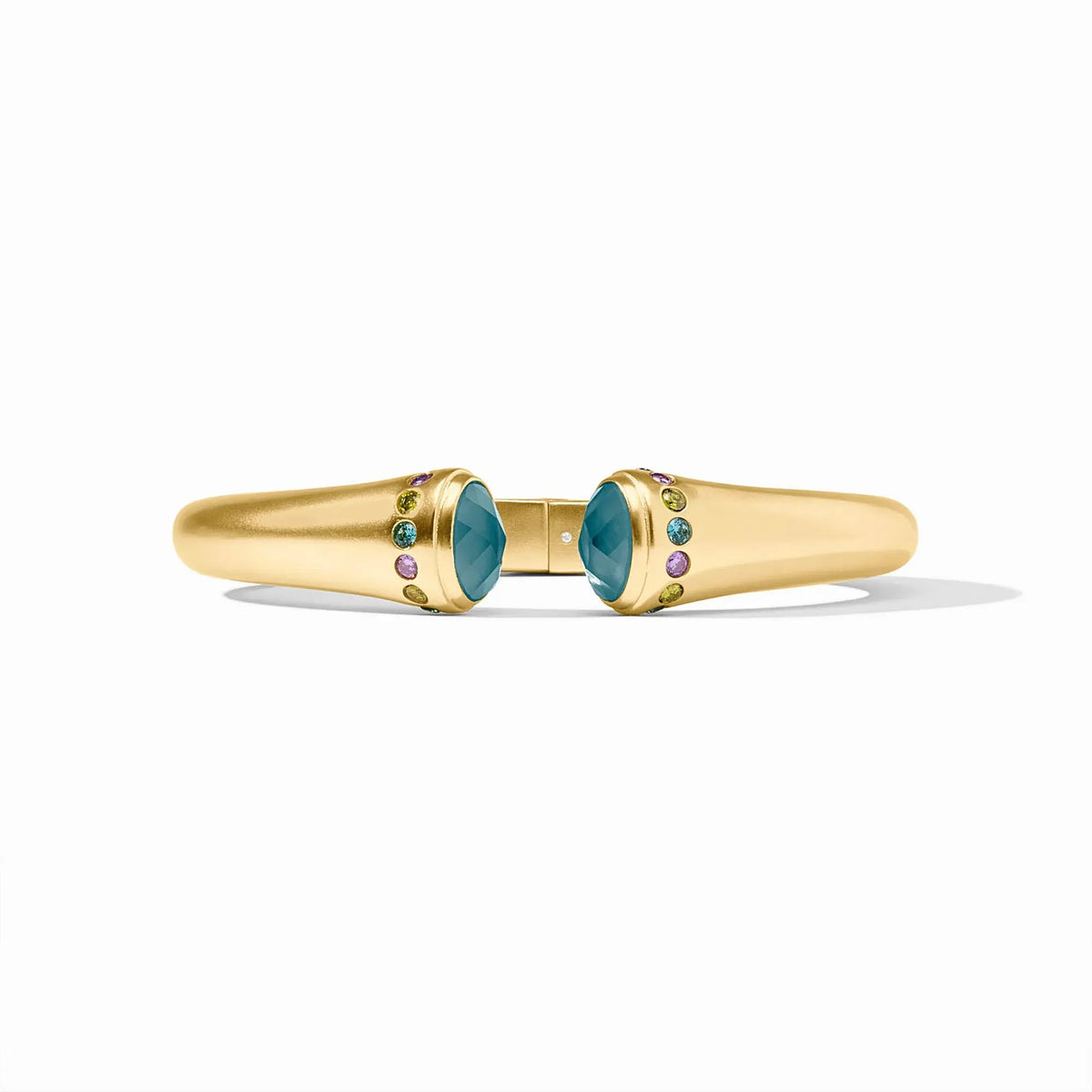 Rainbow demi cuff bracelet with iridescent Montana blue glass stones in a spring hinge closure.