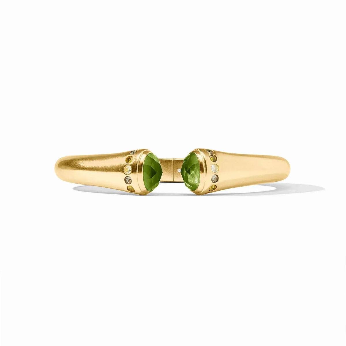 Rainbow demi cuff bracelet with iridescent glass stones on a gold-plated band featuring a spring hinge closure.