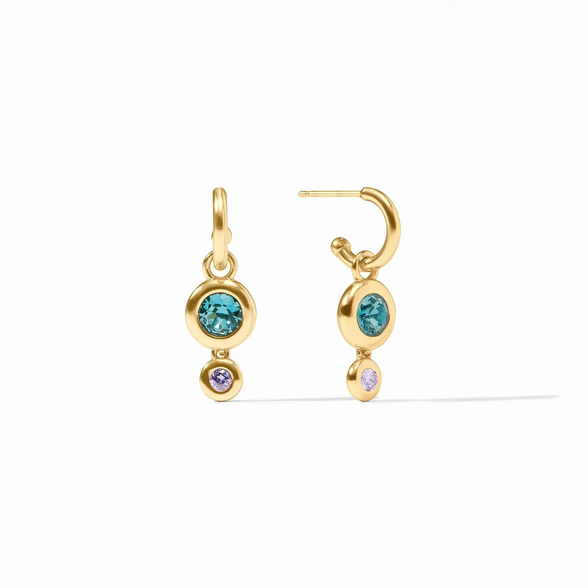 Rainbow Duo hoop earring with blue twilight glass charm on gold post
