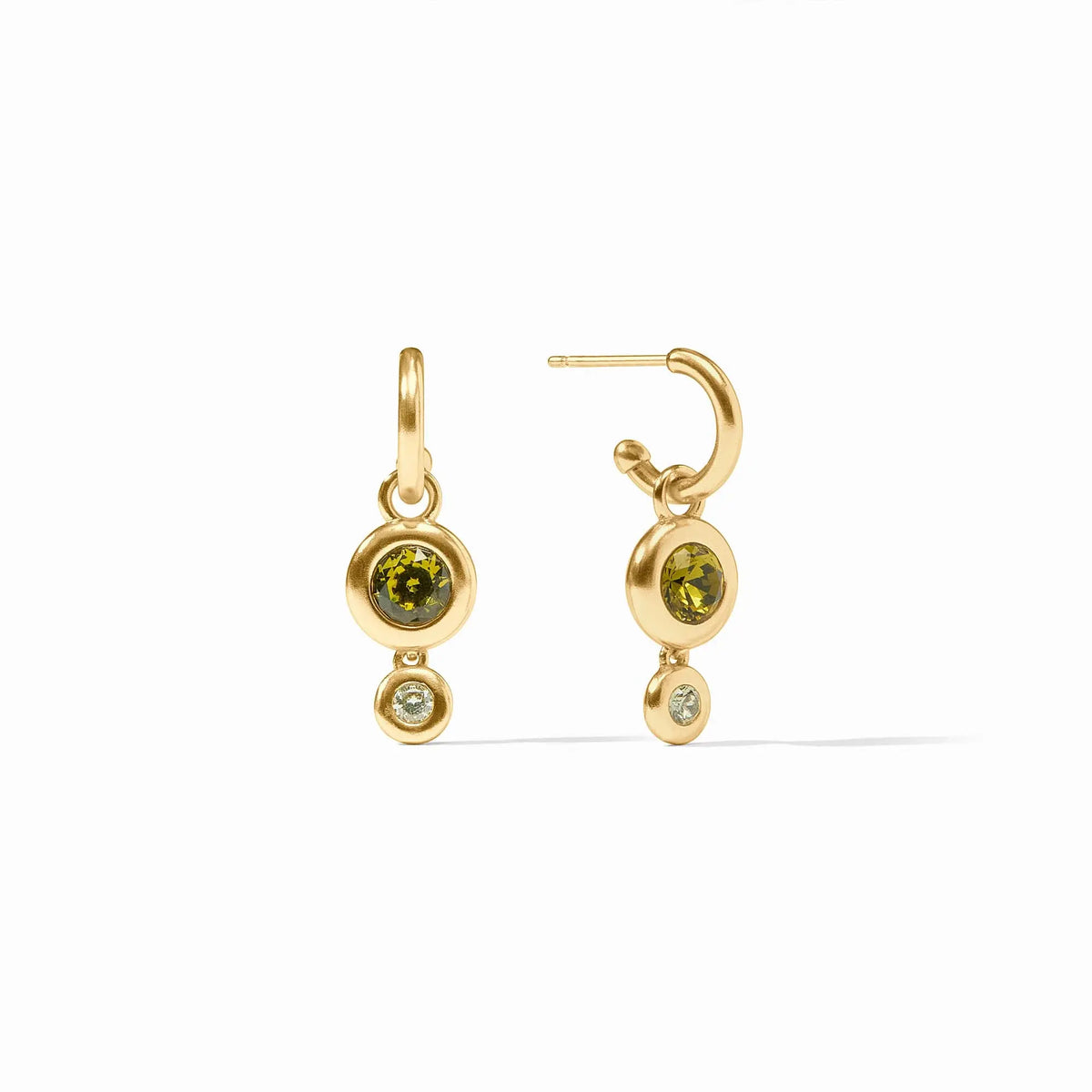 Rainbow Duo hoop earring with green glass charm on gold post
