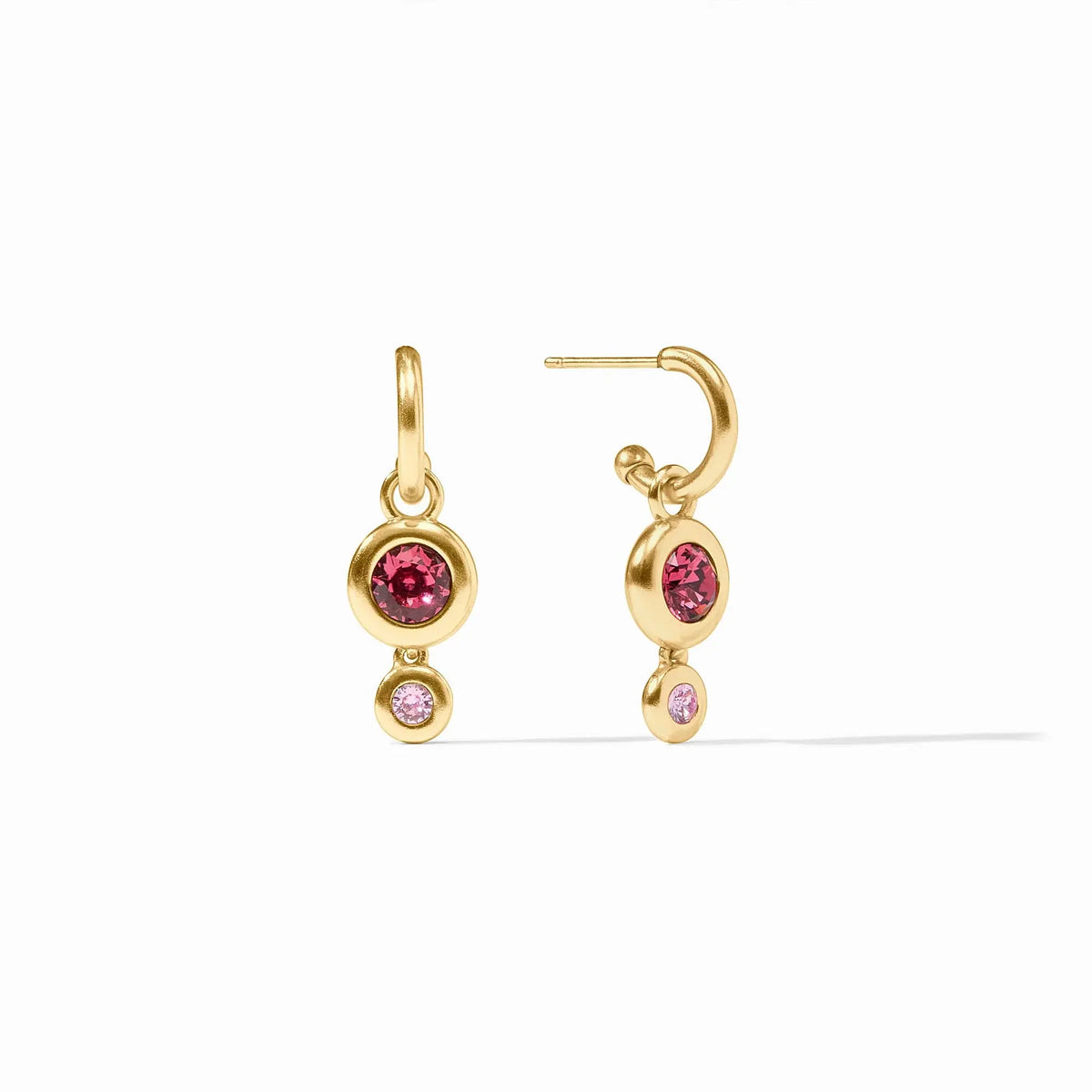 Rainbow Duo hoop earring with pink dawn glass charm on gold plate