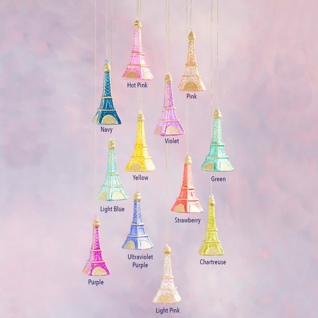 Hand-blown glass Eiffel Tower ornament in rainbow colors with glitter finish