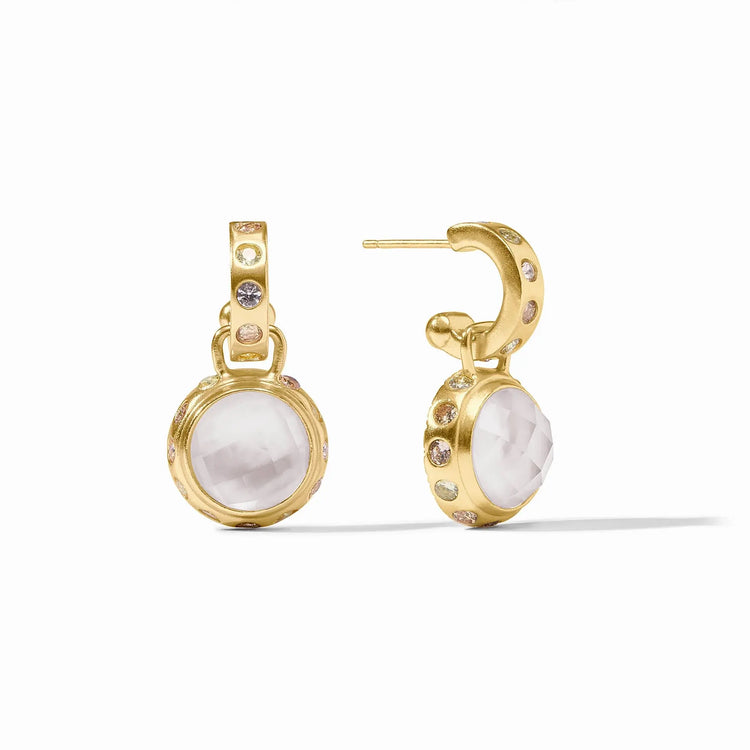 Rainbow hoop earring with iridescent clear crystal charm on gold post
