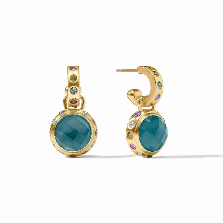 Rainbow hoop earring with iridescent Montana blue glass charm on gold post