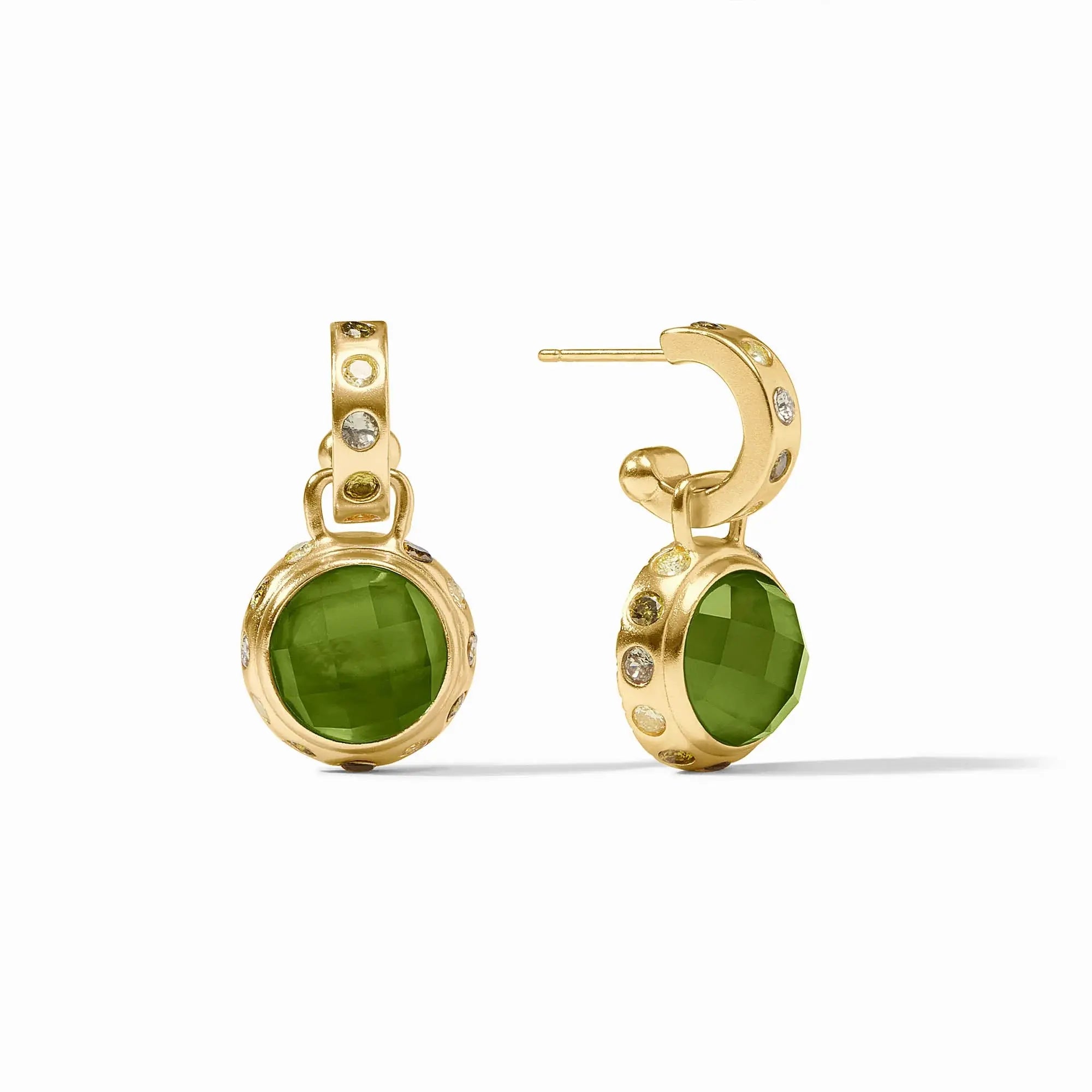 Rainbow hoop earring with iridescent glass charm on gold post