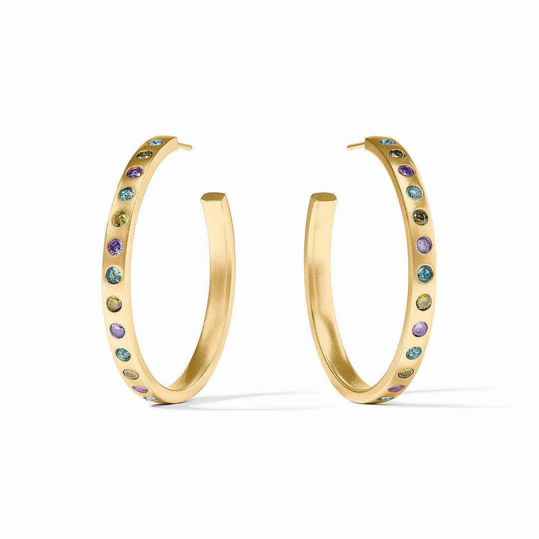 Large rainbow hoop earring with gold plating and blue CZ stones