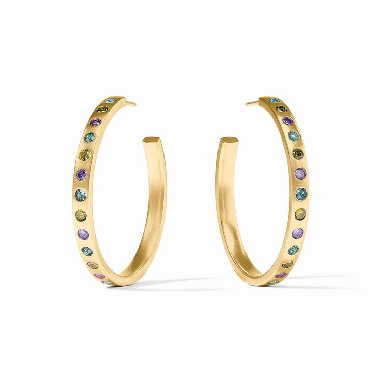 Large rainbow hoop earring with gold plating and blue CZ stones