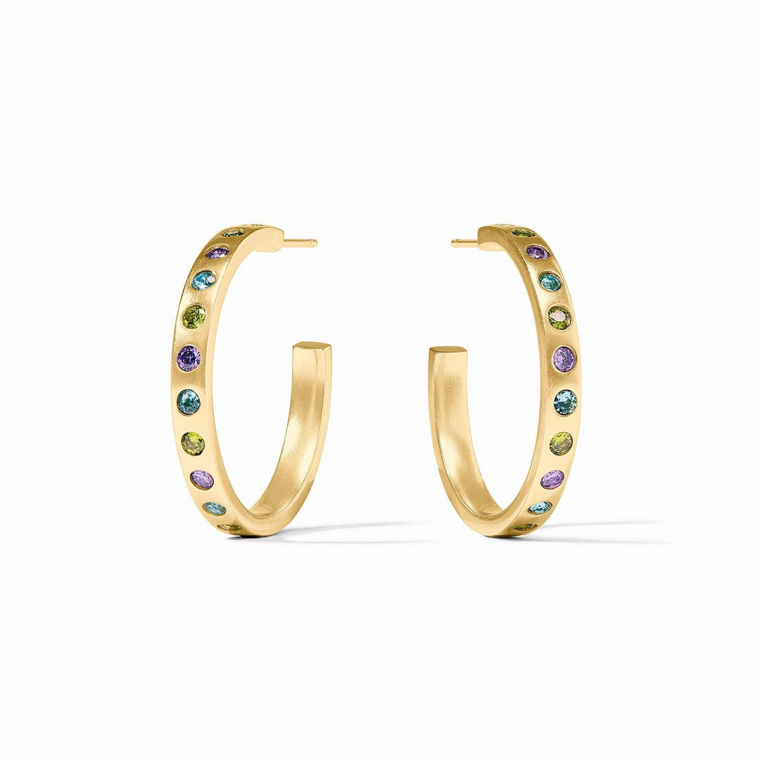 Medium rainbow hoop earrings with gold plating and blue CZ stones