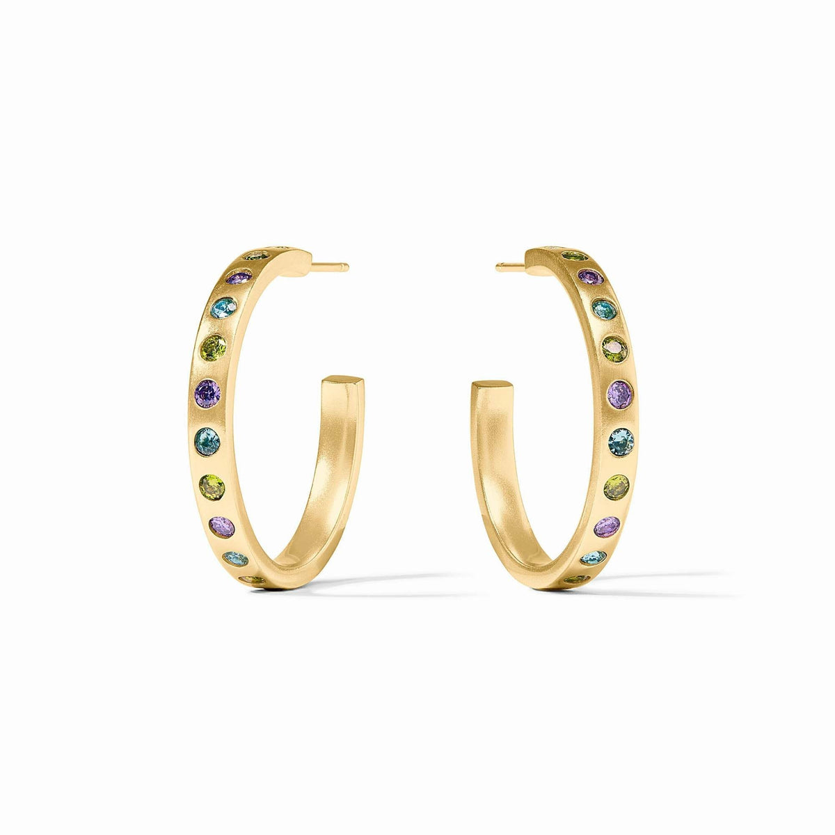 Medium rainbow hoop earrings with gold plating and blue CZ stones