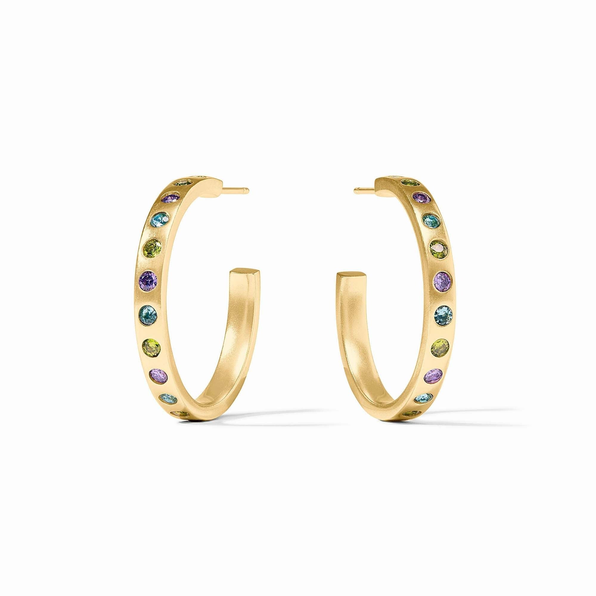 Medium rainbow hoop earrings with gold plating and blue CZ stones