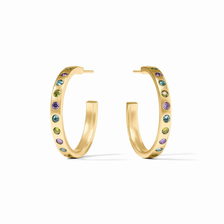 Medium rainbow hoop earrings with gold plating and blue CZ stones
