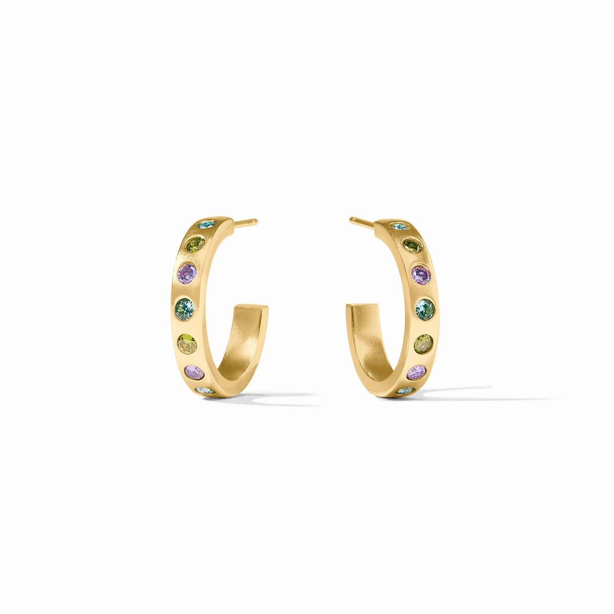 Rainbow hoop earrings with gold plating and blue CZ stones