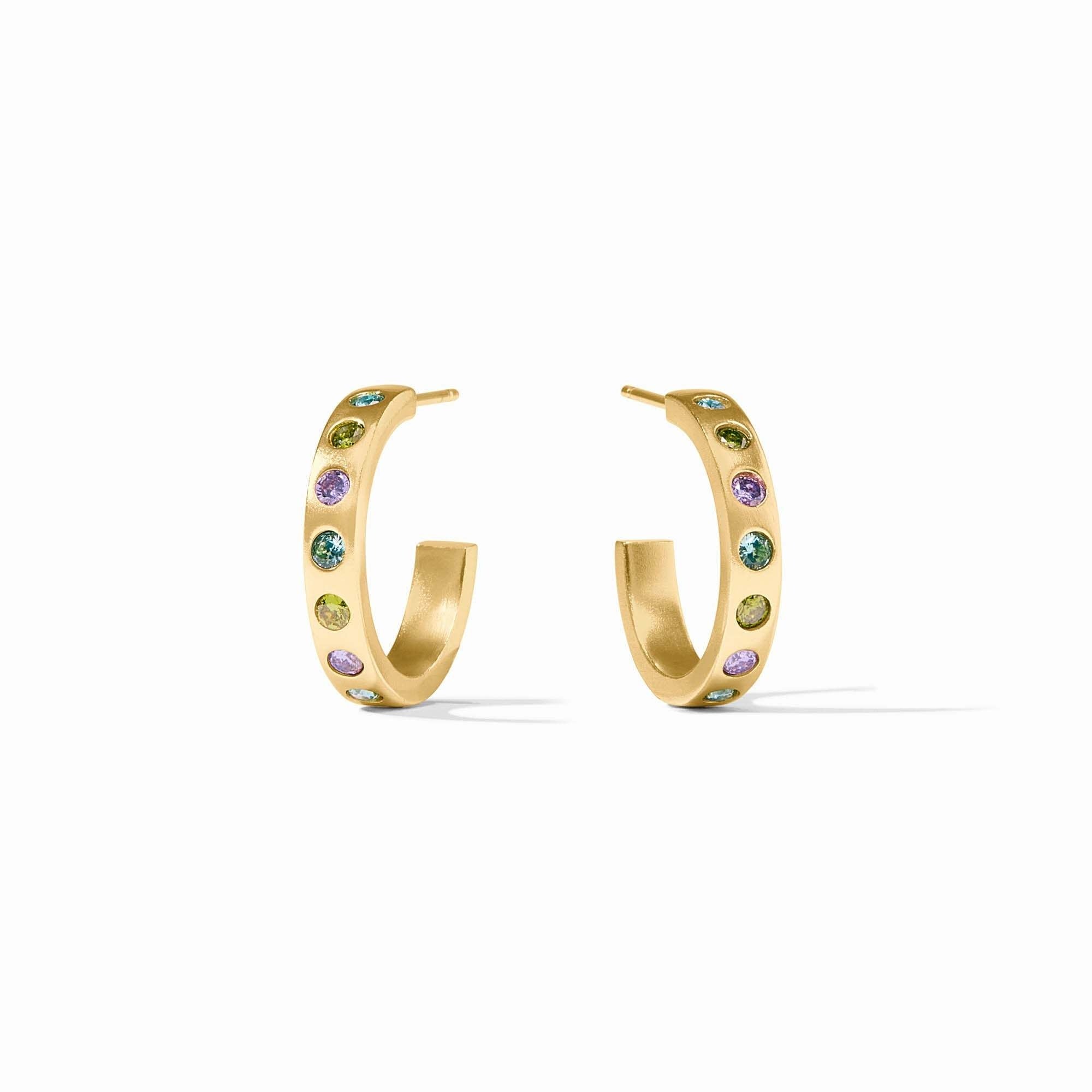 Rainbow hoop earrings with gold plating and blue CZ stones