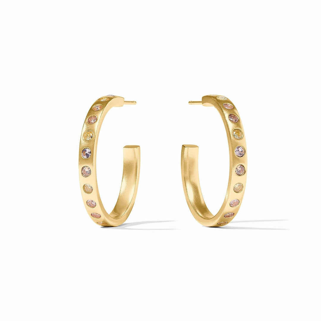 Medium rainbow hoop earring with gold plating and clear cubic zirconia post.