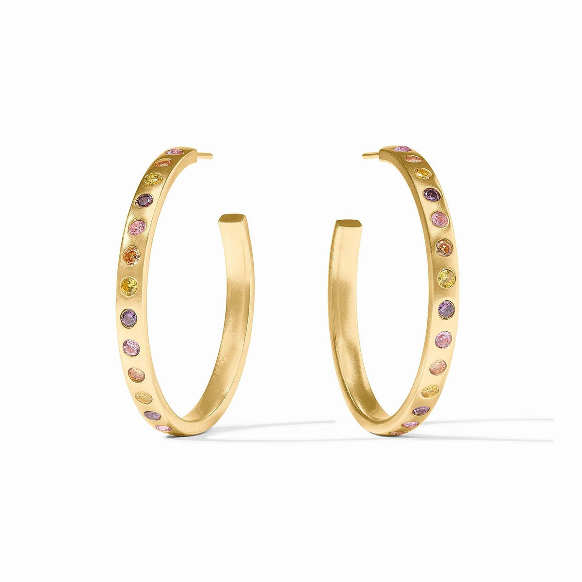 Rainbow hoop earrings with gold plating and pink CZ posts
