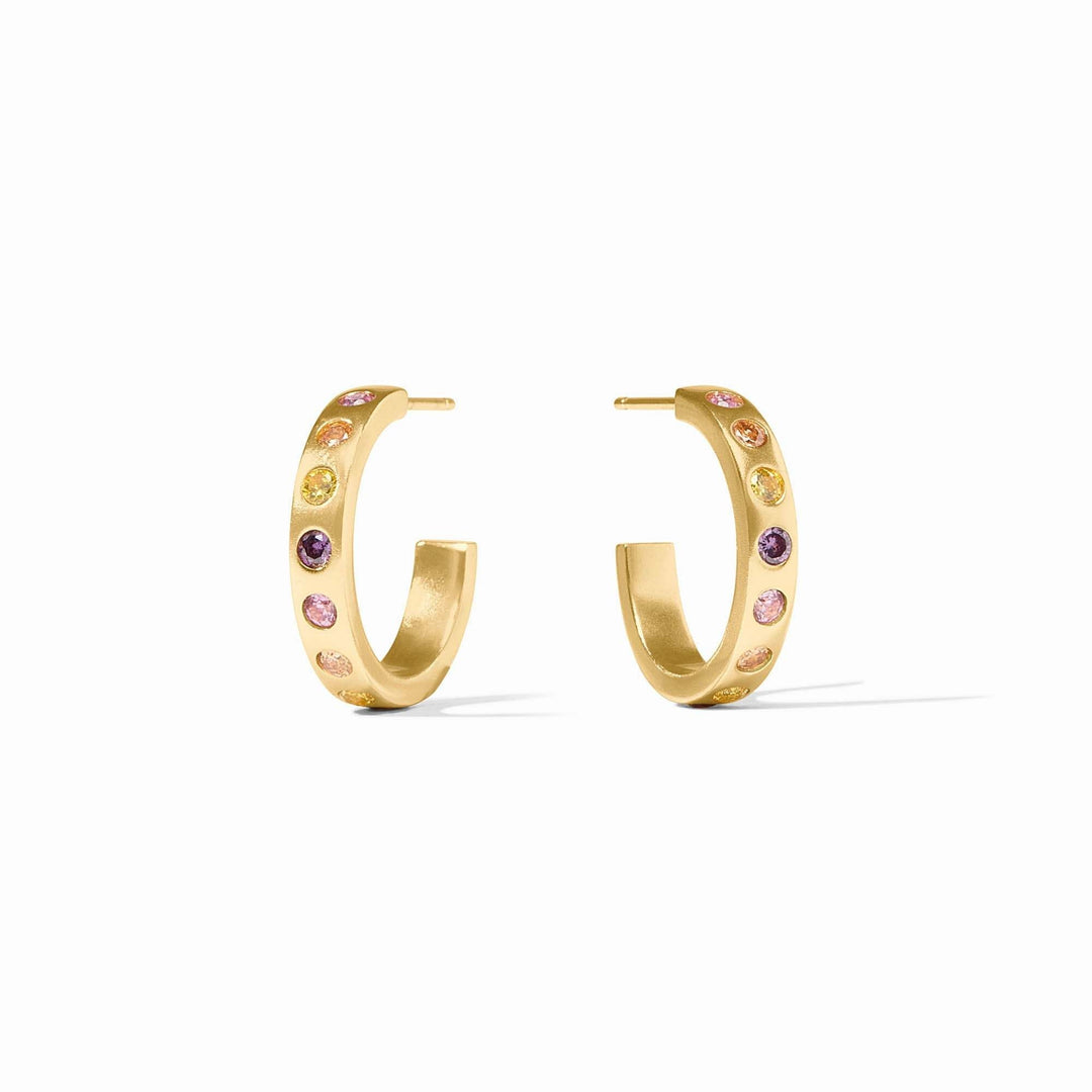Rainbow hoop earrings with gold plating, pink accents, clear CZ posts, and a circular silhouette.
