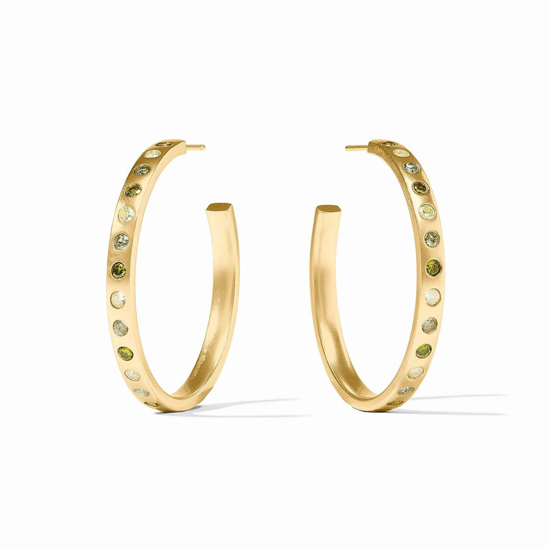 Gold-plated rainbow hoop earrings with cubic zirconia posts in shades of jade