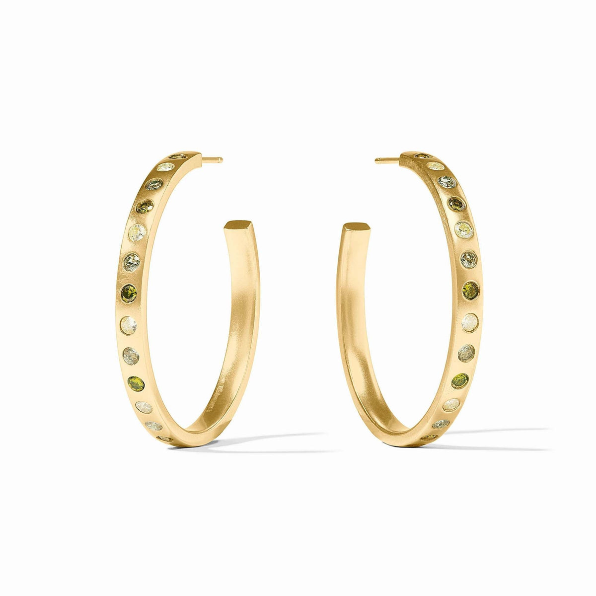 Gold-plated rainbow hoop earrings with cubic zirconia posts in shades of jade