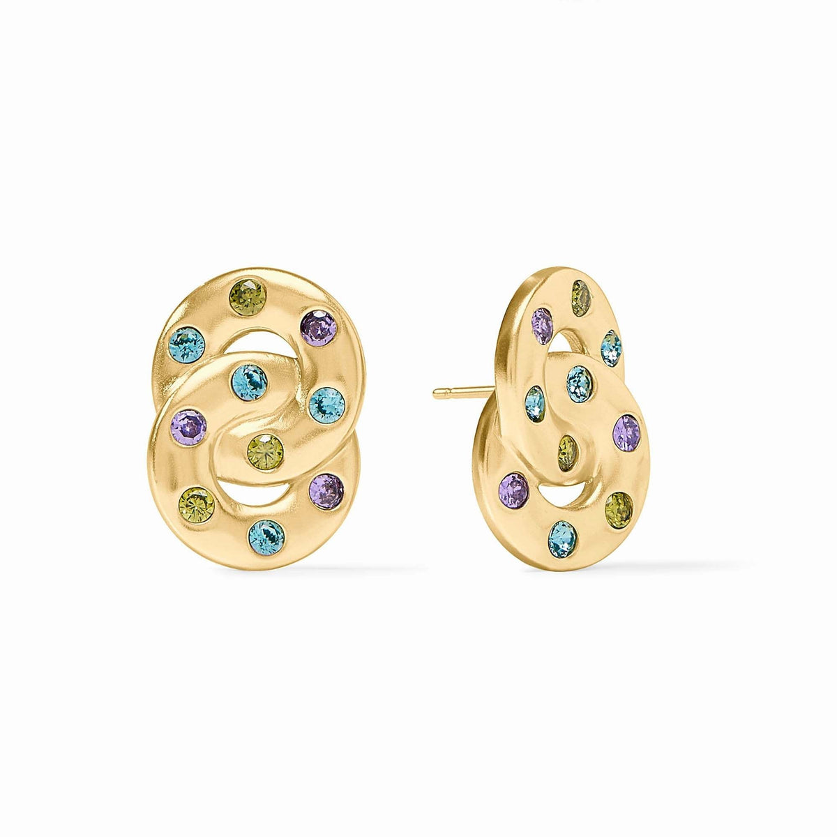 Rainbow infinity earring with blue twilight CZ stones on a gold-plated post.