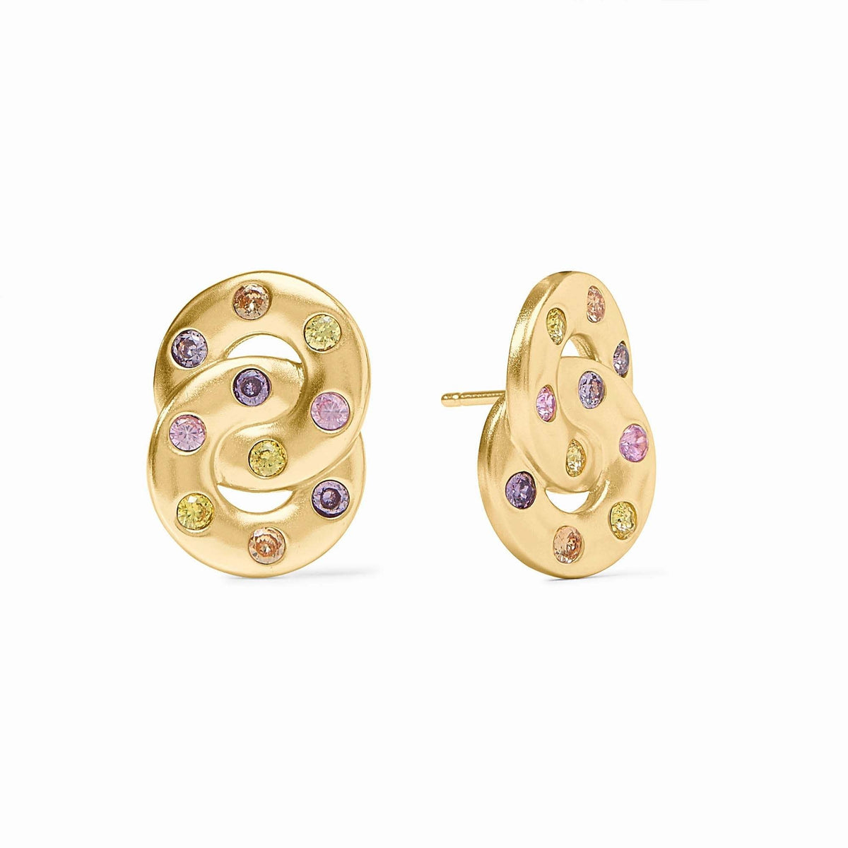 Rainbow infinity earring with pink dawn hue, gold plate finish, cubic zirconia sparkle