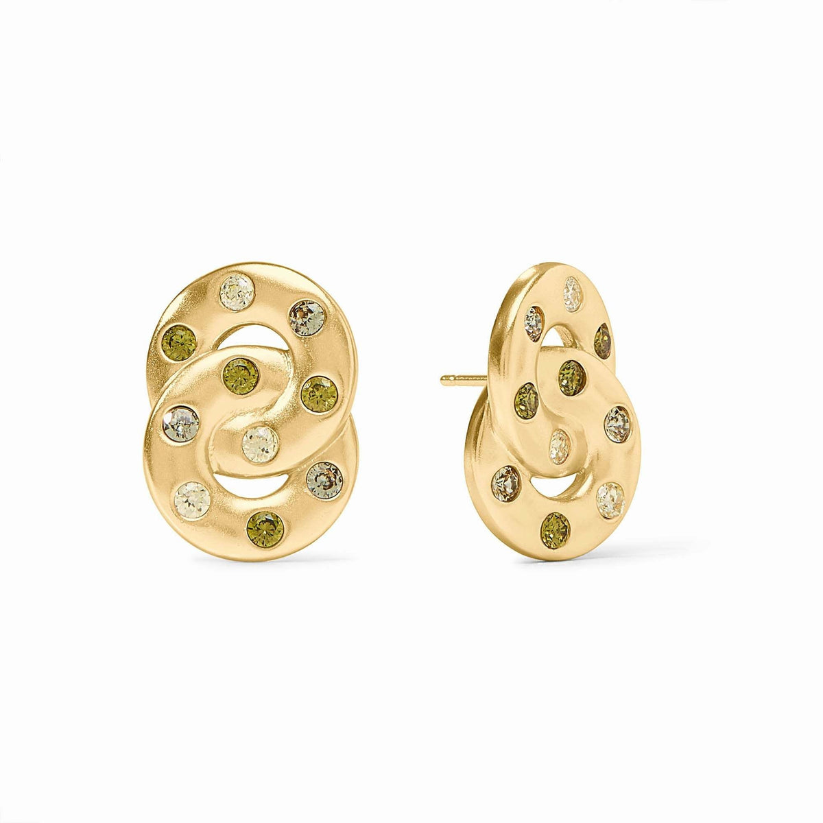 Rainbow infinity earring with 24K gold plate and cubic zirconia stones in shades of jade.
