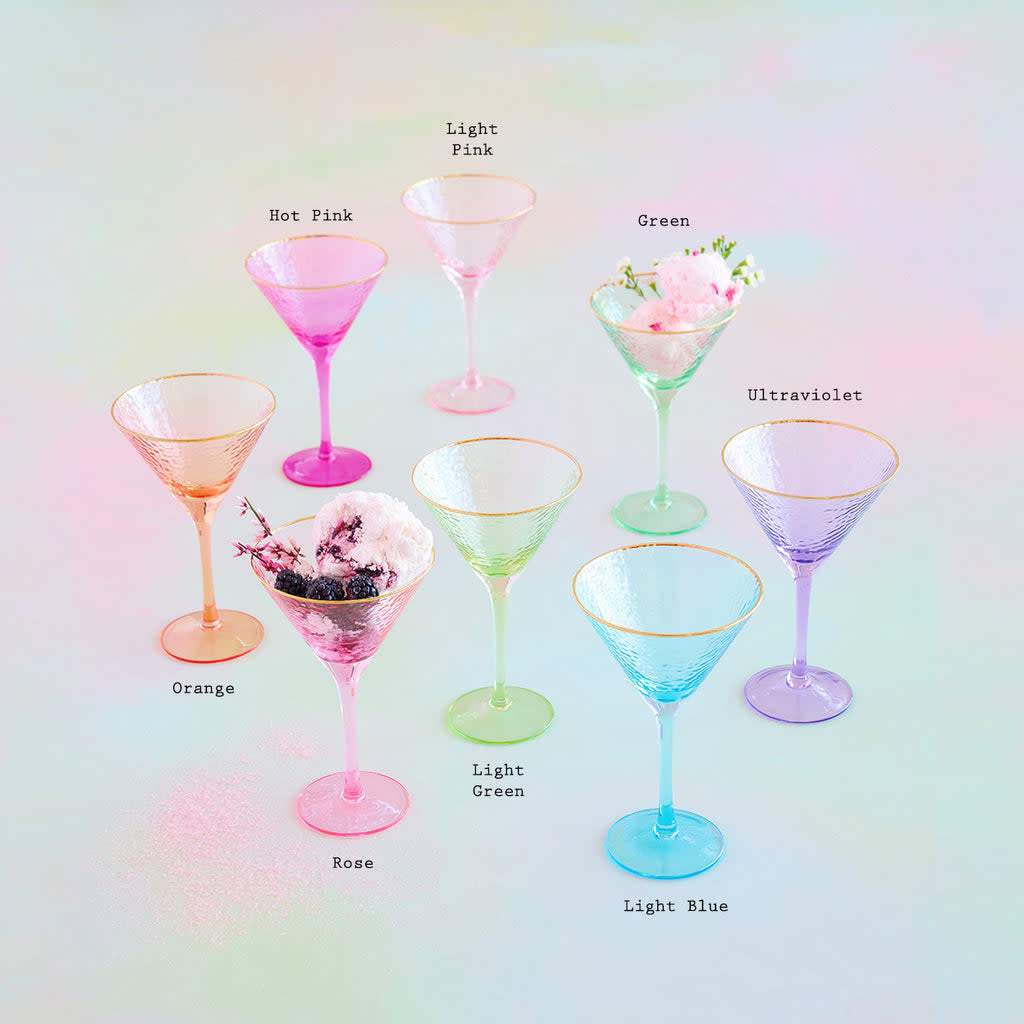 Hand-blown rainbow martini glass with transparent vibrant colors, gold accents, and a classic coupe silhouette.