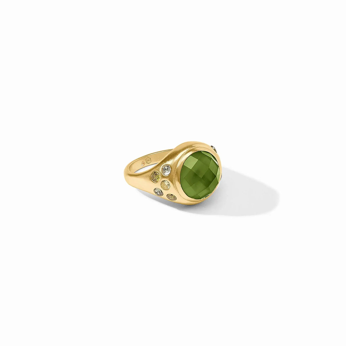 Rainbow statement ring with iridescent palmetto green stones set in gold plate.