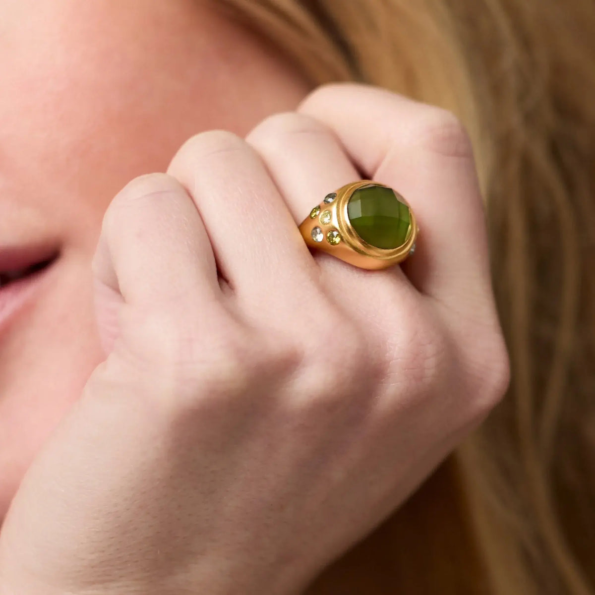 Rainbow statement ring with bold vibrant stones in 24K gold plate featuring imported glass and cubic zirconia accents.