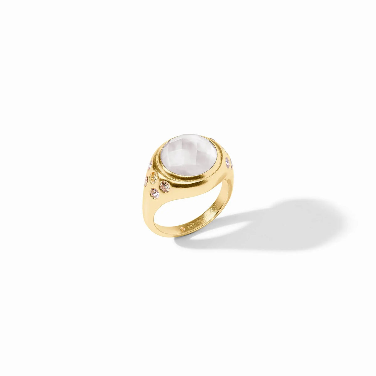 Rainbow statement ring with imported glass stones in a bold circular silhouette on 24K gold plate.