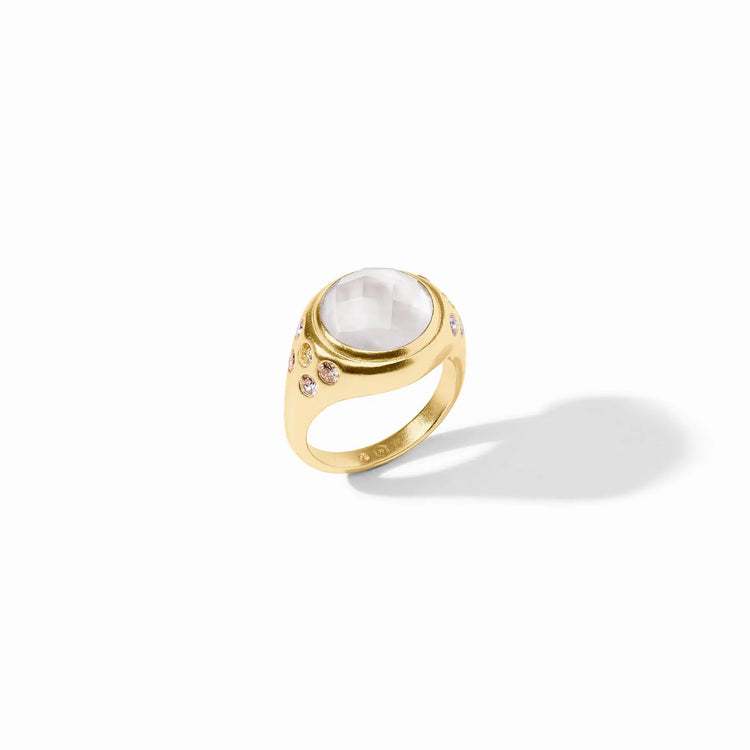 Rainbow statement ring with imported glass stones in a bold circular silhouette on 24K gold plate.