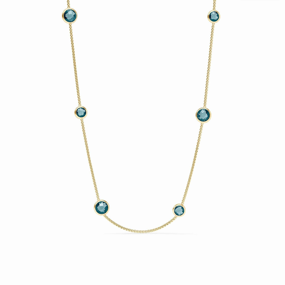 Rainbow Station necklace with vibrant glass beads on a gold-plated chain.