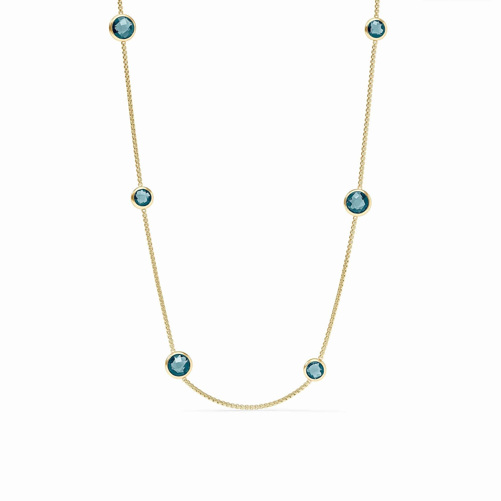 Rainbow Station necklace with vibrant glass beads on a gold-plated chain.