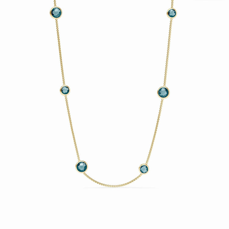 Rainbow Station necklace with vibrant glass beads on a gold-plated chain.